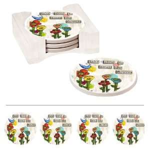 Smell the Flowers Absorbent Coasters   Set of 4 w/ Caddy 