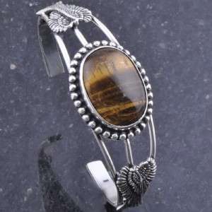 Vintage Sytle Tiger Eye Gemstone Silver Cuff Bangle Bracelet S6060 
