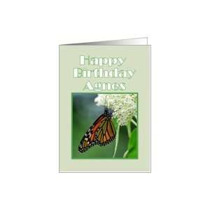 Happy Birthday, Agnes, Monarch Butterfly on White Milkweed Flower Card