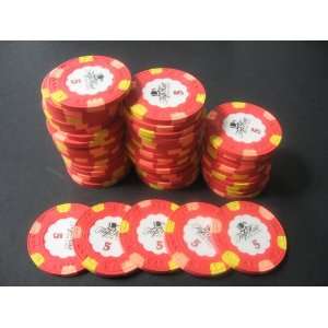  50 Paulson World Top Hat & Cane Clay Poker Chips Red 5 