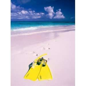 Yellow Mask and Fins on Pink Sand Beach of Harbour Island, Bahamas Art 