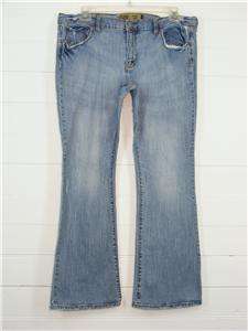   Blue Denim Stretch Distress Low Rise Flare Leg Jeans, Sz 16  