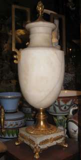 Pair Antique Italian Neoclassical Alabaster Bronze Urns  