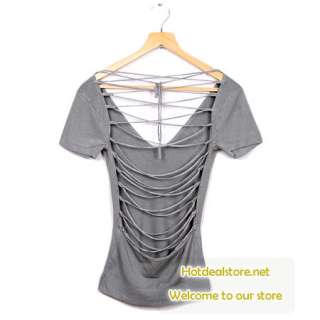 ON SALE Gray Sexy Deep Neck Open Back Strappy Sweater Top Shirt 