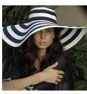 Women Striped Floppy Straw Wide Brim Derby Beach Hat #1  