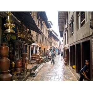 Wet Back Street Scene in Bhaktapur Town, Kathmandu, Nepal Stretched 