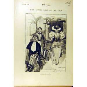  1895 Comedy Sketch People Lady Bird Garden Fence Print 