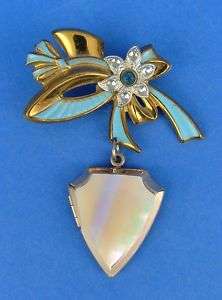 Vintage Shield Locket Pin Brooch Gold Toned Blue Enamel  