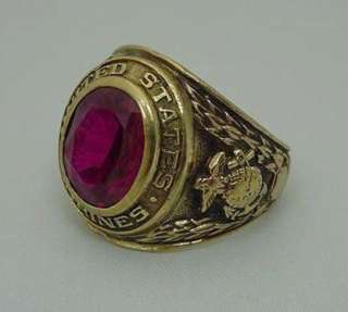 Solid Gold United States Marine Class Style Ring w/ Red Stone  