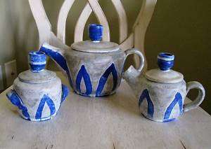 Unique Salt Glaze Art Pottery Teapot/Tea Set Blue/White  