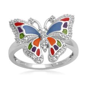 Sterling Silver Multi Colored Enamel Butterfly Diamond Ring (1/10 cttw 