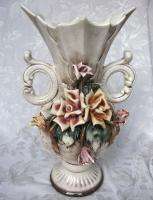 Large VINTAGE CAPODIMONTE Flower Rose Vase URN ITALY Signed  