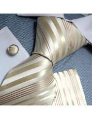 ivory khaki stripes woven silk necktie hanky cufflinks gift box set 