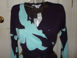  Furstenberg Deep Grape Soft Turquoise Kinaya Sweater Wrap Dress NWT M
