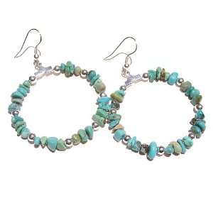  Turquoise Chip & Silver Hoop Earrings Jewelry