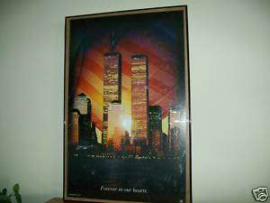 Night New York Twin Towers Skyline Framed Print 23 x 35  