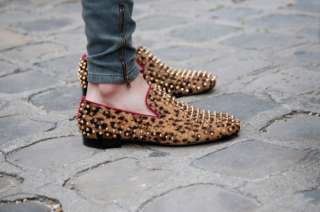 Spike Studded Point Rivets Leopard Horse Hair Loafers Flat Shoes 2 
