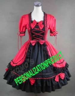 Sweet gothic lolita cute bows black lace red Cosplay Knee Length dress 
