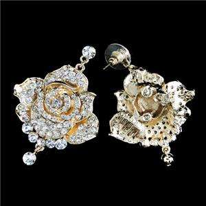 Trio Rose Flower Earring Necklace Set Swarovski Crystal Clear  