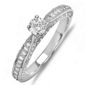  14k White Gold Round Diamond Ladies Solitaire with Accents 