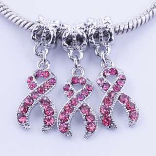   Pink Crystal Ribbon Pendant Bead Breast Cancer Awareness Fit Bracelets