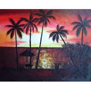  Beachside Palm Trees Under Golden Sunset Oil Painting 20 x 