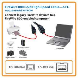   F019 006 IEEE 1394b Firewire 800 Gold Hi speed Cable, 9pin/4pin   6ft