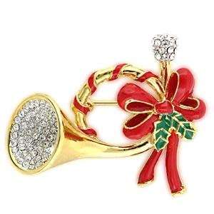  Christmas Horn Clear Crystal White Metal Two Tone Brooches 