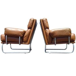 Mid Century Modern Leather Chrome Lounge Chairs  