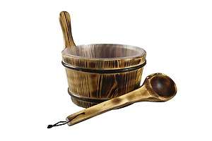 Burned Wooden sauna bucket with scoop ladle & liner  