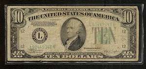   10 Dollars Series 1934 C Circulated Banknotes. # L 93449346 B  