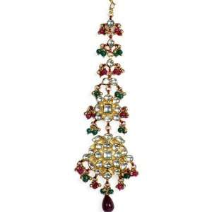 True Kundan Forehead Tika with Faux Emeralds and Rubies   Copper Alloy 