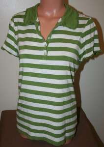 LIZ CLAIBORNE Green White Striped Polo Stretch Shirt Large Womens 
