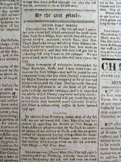 1813 War of 1812 newspaper SEIGE & BATTLE of FT MEIGS Ohio  