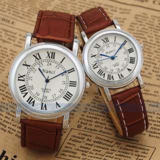 Trendy Round Dial Roman Numerals Leather Band Office Lady Casual Cuff 