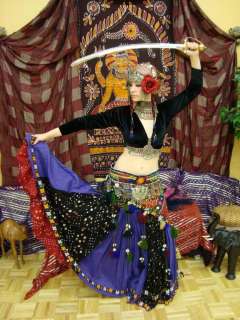 Purple & bk Tribal Belly dance panel skirt mirror Kuchi  