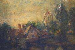   Oil Painting European Landscape Thatch Cottage Castle Pathway Figure