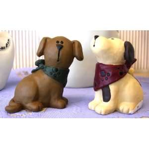   Set of 2 Cute Dog Figurines Blossom Bucket Paw Prints
