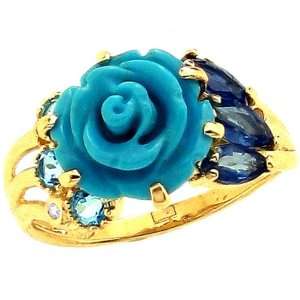 Flower Ring with Precious Gemstones and Diamonds Multi Turquoise Blue 