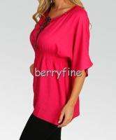 BFS10~NWT KARIZMA Fuchsia Pink Beaded Neck Short Sleeve Blouse Top 