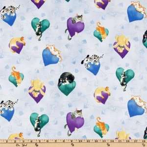  45 Wide Playful Cats & Dogs Blue Fabric By The Yard 