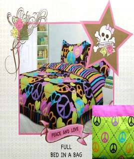 PINK COOKIE PEACE LOVE FULL COMFORTER SHEETS SHAMS BEDSKIRT 8PC 