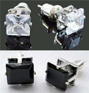 10mm black+W square CZ men women stud silver earrings  