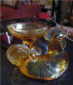 AMBER GLASS COVERED ROOSTER DISH Candy Pedestal Compote Chicken  