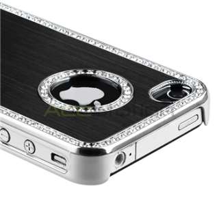Bling Diamond Black Back Cover Hard Case+Screen Pro+Pen For iPhone 4 
