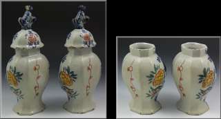Pair of 18thC Polychrome Enamel Delft Covered Urns  
