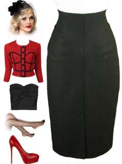 50s Style BLACK Bombshell PINUP High Waist WIGGLE Pencil Skirt w 