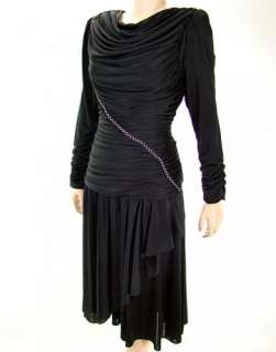 VTG 80s Glamour Black Drape Ruched LS Rhinestone Jersey Party Dress L 