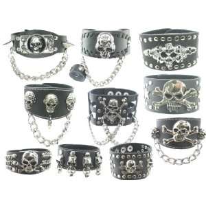  Wholesale Lot of 10 Skull Leather Gothic Punk Bracelets Wristbands 