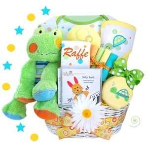   Personalized Froggy Fun At the Pond Baby Gift Basket   Neutral Baby